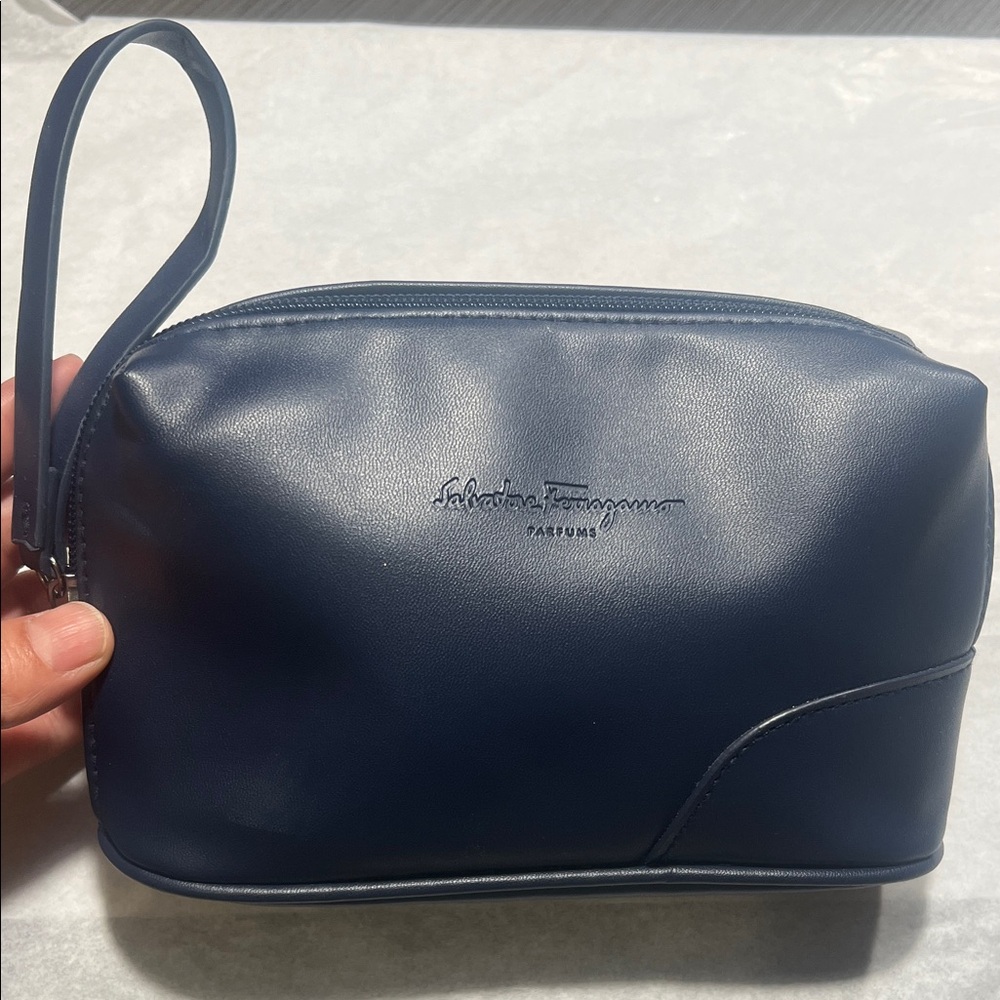 Salvatore Ferragamo Navy Leather Toiletry Bag